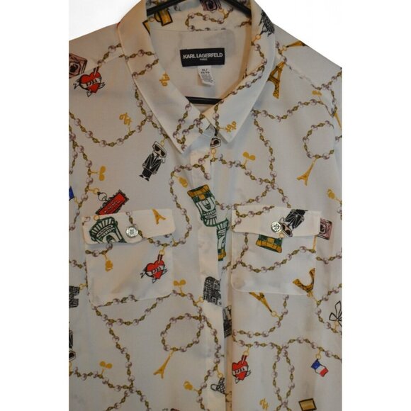 Karl Lagerfeld Paris Women’s Button Front Blouse Size XL Paris Landmark Print - Picture 2 of 3